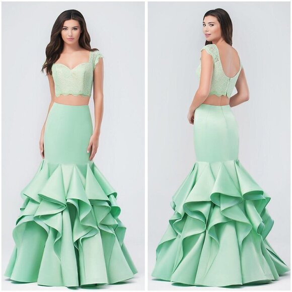 Val Stefani Light Green Lace Two Piece Formal Mermaid Gown $375 - Picture 1 of 15
